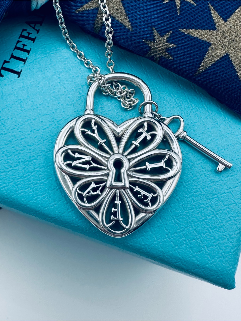 Tiffany & Co. Filigree Heart Lock Key Charm Necklace 18” With Packaging